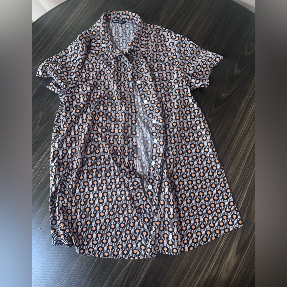 Allover Geo Print Blouse With Pants Stylish Brown Patterned Jumpsuit-L